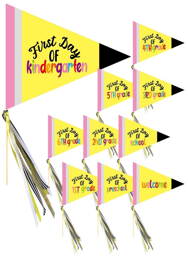 Gilprop 10 Pcs First Day of School Flag DIY 2025 Back to School Pennant First Day of Preschool Sign with Ribbons Make Your Own Photo Prop for School Classroom Decoration, Yellow - Image 1